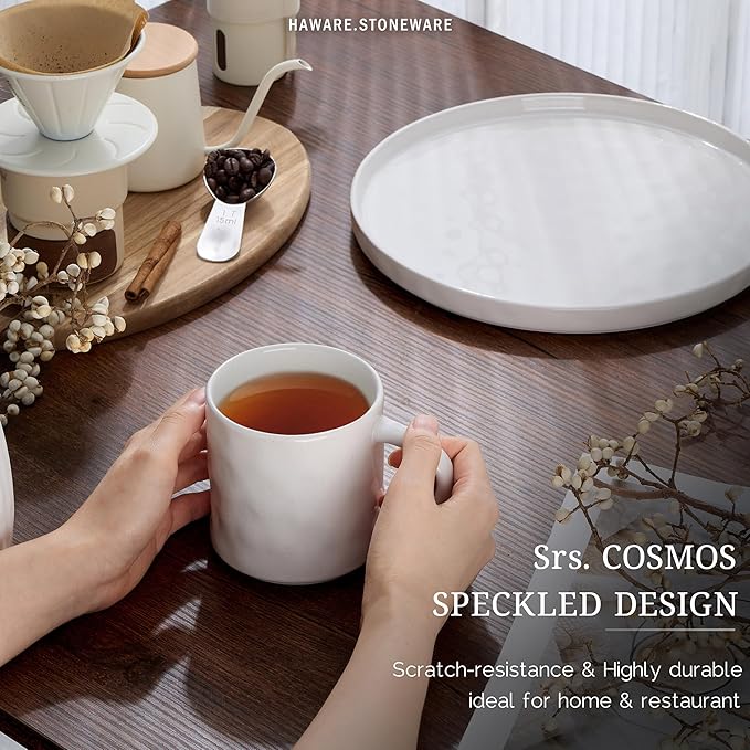 HaWare 14OZ Coffee Mugs Set of 4, Stoneware Coffee Cups with Handle, Latte Mug for Man, Woman, Dad, Mom, Modern Tea Mugs for Latte/Cappuccino/Cocoa/Milk, Dishwasher& Microwave Safe, Speckled White