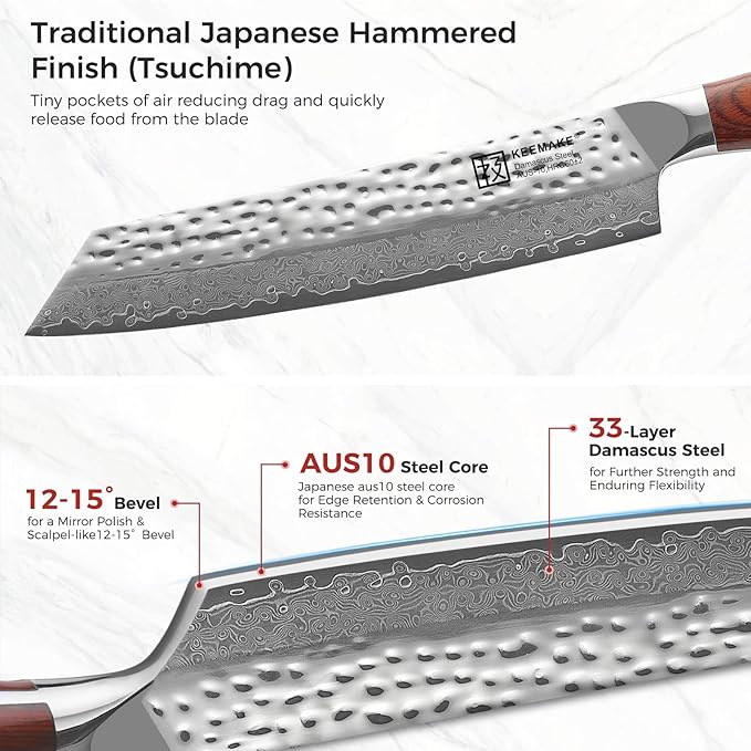 KEEMAKE Damascus Chef Knife 8 inch - Kiritsuke knife with Hammered Damascus Steel Blade Kitchen Knives, Pakkawood Handle Chopping Knife for Meat Cutting, w/Walnut Sheath