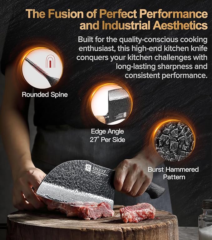 XINZUO 7.3 Inch Hand Forged Butcher Knife With Sheath,67-Layer Damascus Steel With 7Cr17Mov Core Big Knife For Meat Cleaver Cutting Vegetable Cleaver For Kitchen,Camping