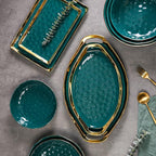 Stone Lain Florian Porcelain Large and Medium Oval Platters with Handle, Service Set, Green with Gold Rim