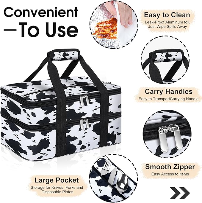 Double Insulated Casserole Carrier, Portable Casserole Carrier for Hot or Cold Food Lunch Tote Warmer or Cooler Bag, Lasagna Lunch Bag for Potluck Parties- Fits 9" x 13" Baking Dish-Cow Pattern
