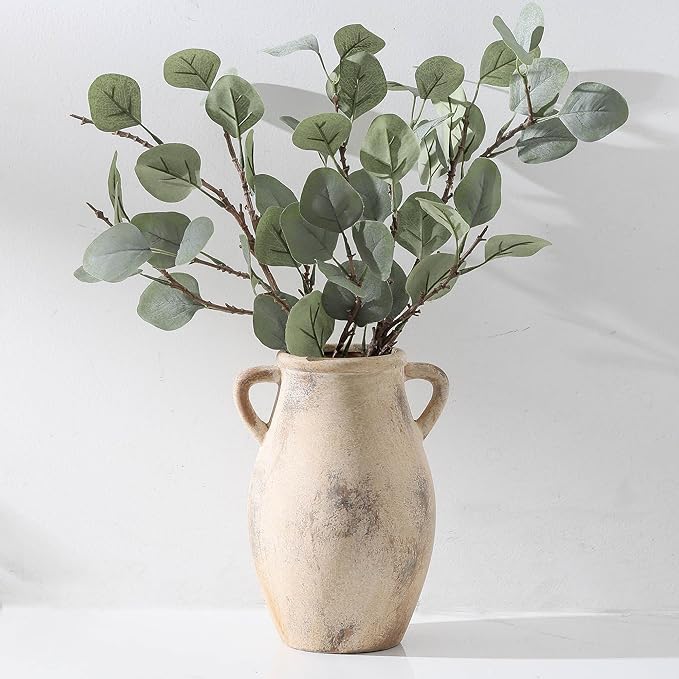 Ceramic Vase with Handles, 9.05 inch Tall Terracotta Decorative Pottery Flower Vase for Home Farmhouse Decor, Dining Table, Living Room, Kitchen, Office