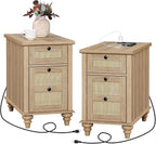 WAMPAT Set of 2 Rattan End Tables with Charging Station, Tall Side Tables Nightstand with Drawer & Storage Cabinet, Light Wood Bedside Table for Bedroom & Living Room, Burlywood