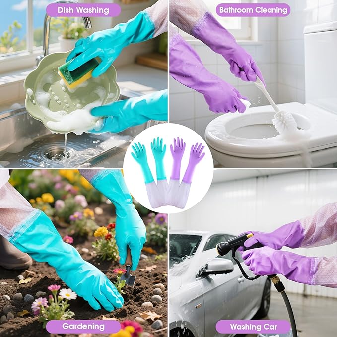 Elgood Reusable Long Sleeve Dishwashing Cleaning Gloves with Latex Free,Cotton Lining,Kitchen Gloves 2 Pairs,Purple+Blue M