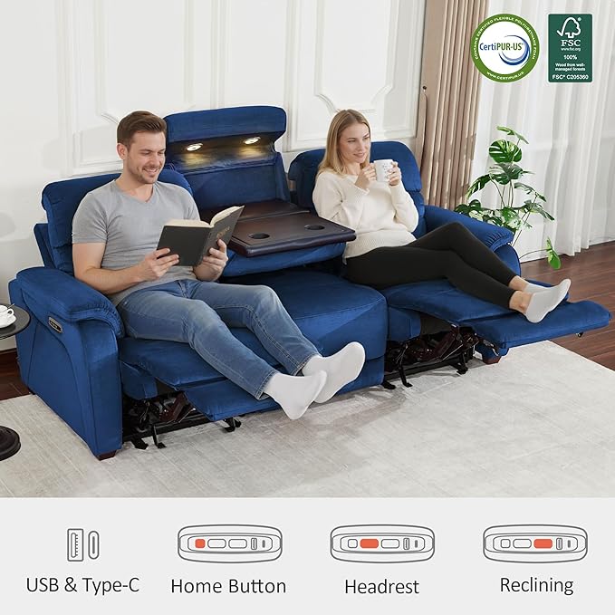 MCombo Wall Hugger Recliner Sofa with Drop Down Table, Power Reclining Sofa with Adjustable Headrest, USB A&C Charge Ports, Reading Lamp, Cup Holders, for Living Room, RVs (Fabric, ST258M3, Navy Blue)