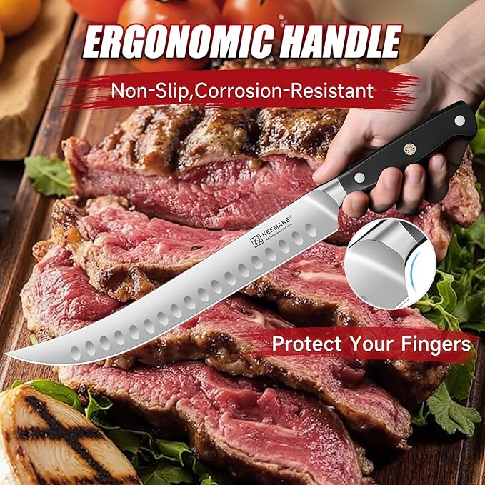 KEEMAKE BBQ Carving Knife Set - 10" Butcher Knife & 10" Honing Rod Slicing Knife Set for Meat Cutting Razor Sharp German Steel with Ergonomic Handle Full Tang Design Gift Box Included
