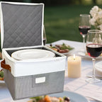 China Storage Containers,Quilted Dish Plate Storage with Stackable Lid for Dinnerware Kitchen Moving,2PACK 12 * 12 * 8in(Grey)