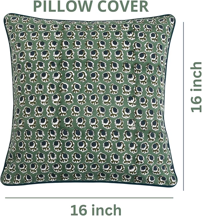 Ridhi Basil Green Block Print Cotton Canvas Throw Pillow Covers for Decorative Couch Pillows for Living Room, Chic Boho Cute Outdoor Valentine Pillows Covers Gifts 16x16 Inches