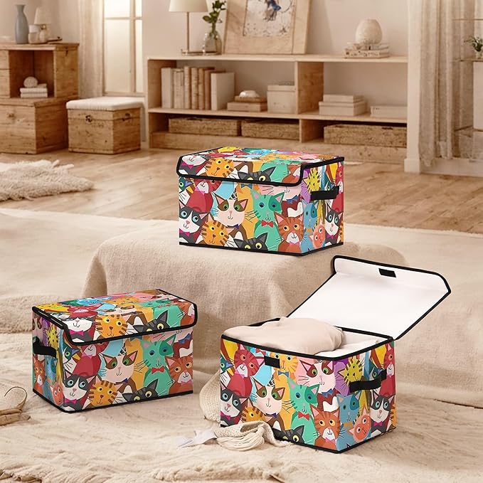 Stackable Clothes Storage Bins with Lids,Closet Organizers Fabric Cat Printing Box for Home and Office,Blanket Clothes Organizers,Under Bed Storage Containers 3 Pack.