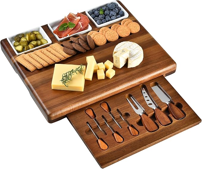 Shanik Large Acacia Wood Charcuterie Board Set – Includes 3 Removable Ceramic Bowls & Serving Utensils, Elegant Entertaining Gift for Any Occasion