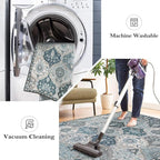 Lahome Moroccan Trellis Round Rug, 5ft, Blue, Faux Wool, Machine Wash, Non-Slip Backing, Low Pile, Floral Pattern, Area Rug for Bedroom, Living Room, Bathroom