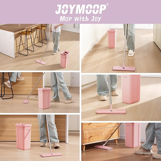 JOYMOOP Flat Mop, Microfiber Mops for Floor Cleaning, 60" Long Handle with Flexible 13" Flat Head, Pink