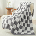 Snuggle Sac Faux Fur Checkered Blanket Twin Size with Soft Knitted Microfiber Fabric,Cozy Soft Warm Blanket for Sofa Bedroom Living Room,Grey Checker,60x80 inches