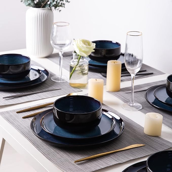 LERATIO Ceramic Plate Set of 6,8.5 Inch Reactive Glaze Light Weight Porcelain Salad Plates,Modern Shape Dinnerware Dishes Set for Kitchen,Microwave&Dishwasher&Oven Safe,Resistant-Indigo Blue