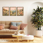 MUWAK Framed Mountain Landscape Canvas Wall Art Set of 3 – Rustic Wildflower and Sunset Nature Prints, Boho Floral Artwork Wall Decor with Wooden Frame for Living Room Bedroom Home Decor – 16x24in