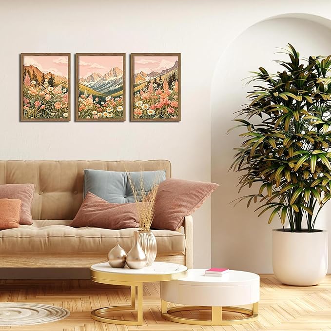 MUWAK Framed Mountain Landscape Canvas Wall Art Set of 3 – Rustic Wildflower and Sunset Nature Prints, Boho Floral Artwork Wall Decor with Wooden Frame for Living Room Bedroom Home Decor – 16x24in