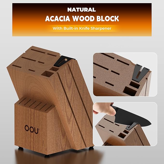 OOU Kitchen Knife Block Set - 15 Pieces High Carbon Stainless Steel Chef Knife Sets, Anti-Rust Black Knives Set with Built-in Sharpener Block, Walnut