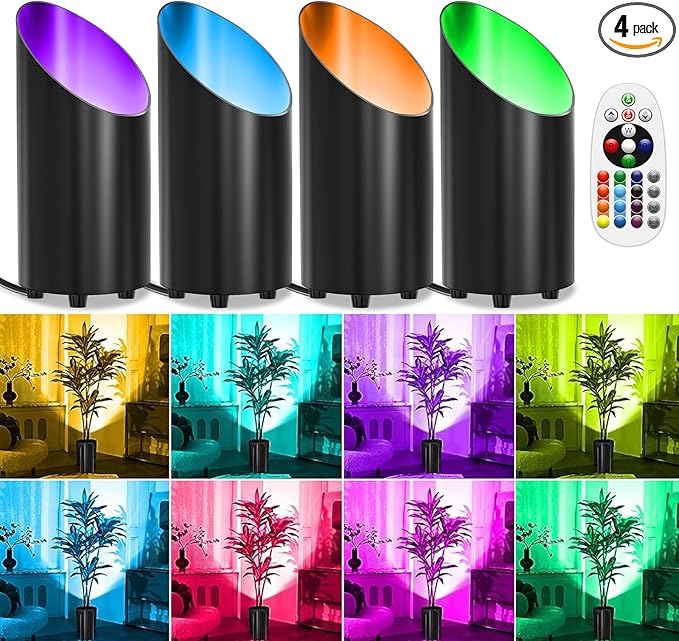 ZUCKEO RGB Floor Can Lights Indoor Spotlight LED Uplighting, 5W Indoor Color Changing Spot Light GU10 Bulb Accent Up Lighting for Plant Corner Christmas, 5.25FT Plug in Cord & Switch, 4Pack
