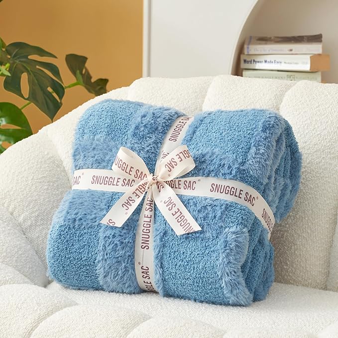 Snuggle Sac Faux Fur Checkered Blanket Twin Size with Soft Knitted Microfiber Fabric,Cozy Soft Warm Blanket for Sofa Bedroom Living Room,Solid Blue,60x80 inches