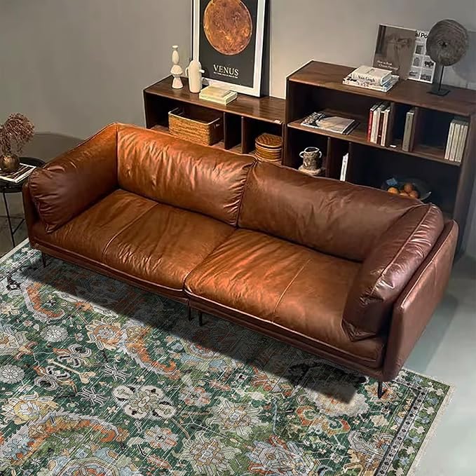 RUGSURE Washable Area Rugs - Perfect for Living Room, Bedroom, Kids Room, Nursery - Stain & Water Resistant Non-Slip, Pet & Child Friendly, Vintage Tribal Area Rugs (Green, 4' x 6')