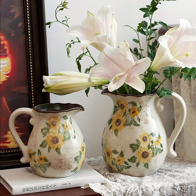 Levvohd Vintage Vase with Handle, 7.6 Inch Ceramic Pitcher Sunflower Floral Vase, Rustic Farmhouse Vases for Grandma Core Home Decor, Bookshelf Office Tuscan Decor (Large)