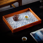 Rustic Wooden Frame Tray with Iron Printed Blue White Pattern, Mediterranean Style Decorative Serving Tray, Velvet Lined Base, Multi-Layer Construction for Home Decor and Organizing 15.6"x11.6"x2.2"