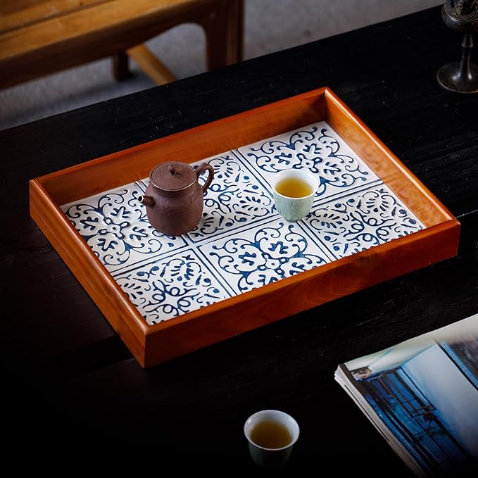 Rustic Wooden Frame Tray with Iron Printed Blue White Pattern, Mediterranean Style Decorative Serving Tray, Velvet Lined Base, Multi-Layer Construction for Home Decor and Organizing 15.6"x11.6"x2.2"