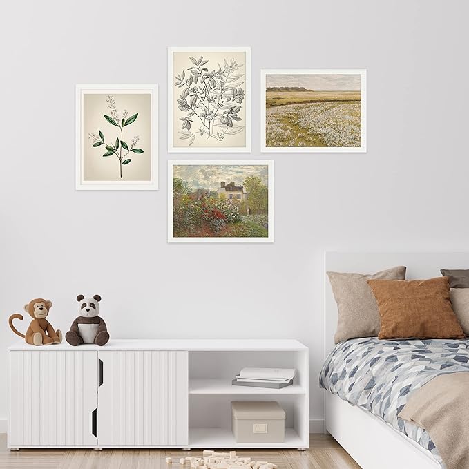 SIGNWIN Framed Poster Bathroom Decor 8"x10"x 4 White, Wall Art Room Decor Multicolor for Living Room, Bedroom, Office Autumn Spring Rustic Flower Landscape Classic Vintage Retro Illustrations