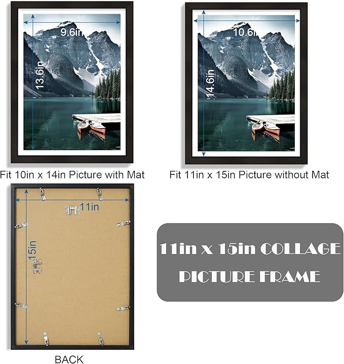 11x15 Picture Frame with Real Glass - Display Pictures 10x14 with Mat or 11 x 15 without Mat, Wall Collage Photo Frame set(Black, 1 Pack)