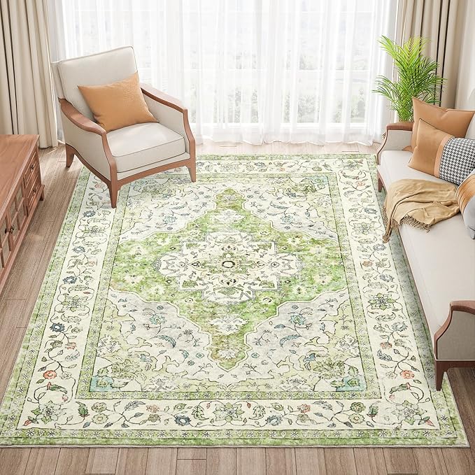 Topllen Washable Area Rug - 4'x6' Boho Living Room Rug, Non-Slip Soft Rugs Indoor for Bedroom Dining Room Office, Vintage Throw Carpet Stain Resistance (Green, 4x6ft)