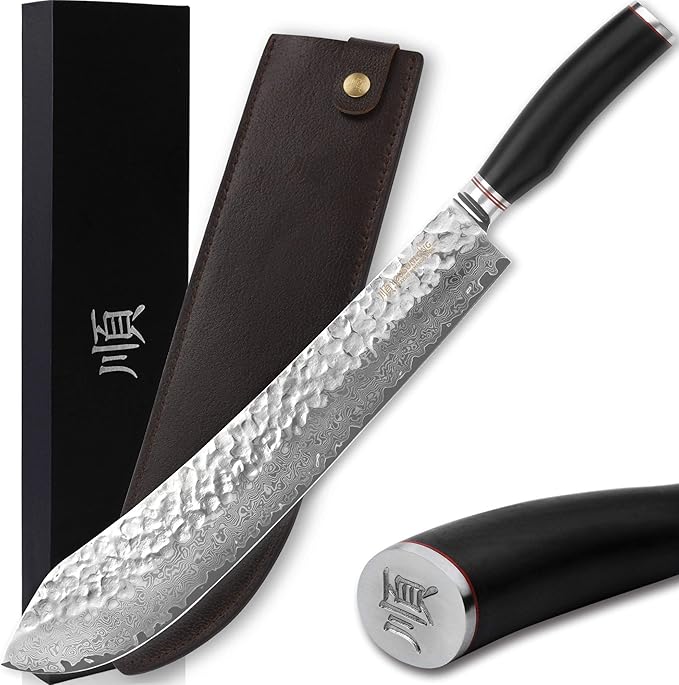 YOUSUNLONG Breaking Knife -14 Inch Extra Long Blade - Super Bull Nose Butcher Knife - Japanese Damascus High Carbon Stainless Steel -Razor Sharp Blade - Ergonomic Ebony Handle With Sheath