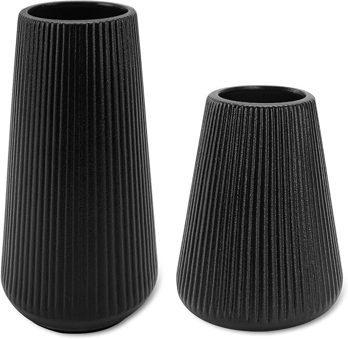 Black Ceramic Vase, GUKJOB Small Cute Flower Vase for Pampas Grass, Home, Living Room, Dining Table, Farmhouse, Office Decor, Bedroom, Table, and Kitchen Shelf (Black - 2Pcs)