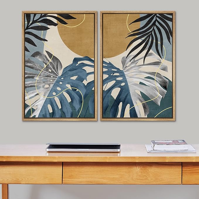 SIGNFORD Framed Canvas Print Wall Art Set Jungle Tropical Monstera Palm Leaf Abstract Shapes Illustration Modern Art Decorative Nordic Nature for Living Room, Bedroom, Office - 16"x24"x2 Natural
