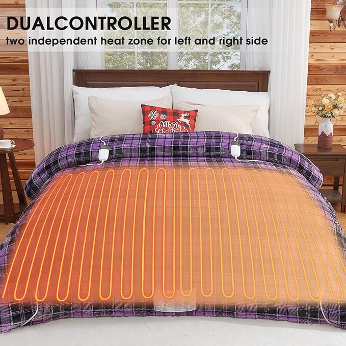 Heated Electric Blanket Queen Size, 84X90 Heating Blanket Queen with Dual Control&10 Heats Levels&Timer for Bed,Purple Plaid Sherpa Soft Blankets Warmer Gift for Grandma Women Adults, Washable,ETL