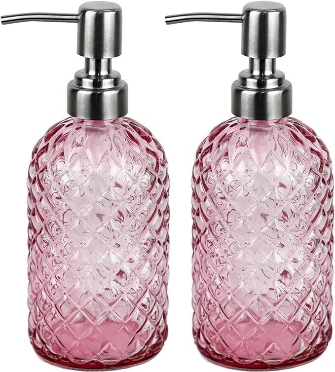 Bathroom & Kitchen Glass Hand and Dish Soap Dispenser with 304 Rustproof Stainless Steel Pump (Pink-2pack)