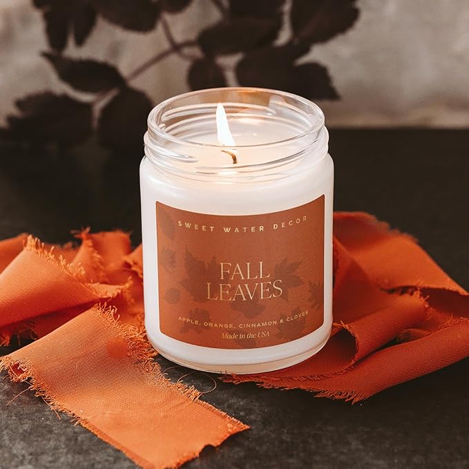 Sweet Water Decor Fall Candle - Apple, Cinnamon & Orange Scented Candles for Home - Long Lasting Candles 40 Hour Burn Time Soy Candle Wax - Perfect Candle Gift for Autumn - 9oz Patterned Jar Candles