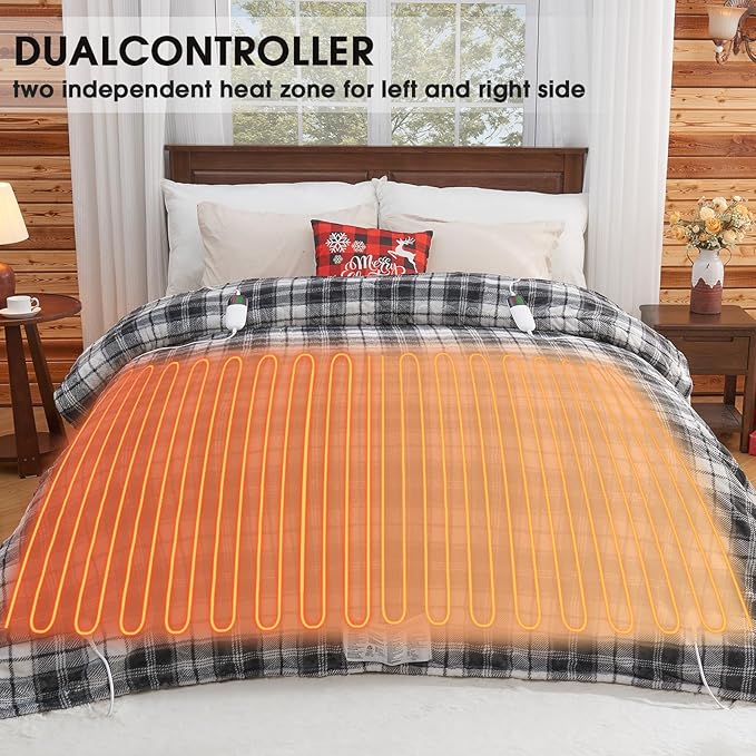 Heated Electric Blanket Queen Size, 84X90 Heating Blanket Queen with Dual Control&10 Heats Levels&Timer for Bed,Black Plaid Sherpa Large Blankets Warmer Gift for Grandma Women Adults, Washable,ETL