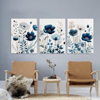 DUWQU 3 Pcs Blue Floral Canvas Wall Art, Elegant Navy Blue Wildflower Lily Daisy Art Wall Decor, Watercolor Botanical Flower Home Poster Art Prints for Living Room Bedroom Bathroom 16×24 Inches