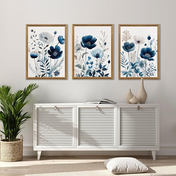 DUWQU 3 Pcs Blue Floral Canvas Wall Art, Wood Framed Navy Blue Wildflower Lily Daisy Art Wall Decor, Watercolor Botanical Flower Home Poster Art Prints for Living Room Bedroom Bathroom 16×24 Inches