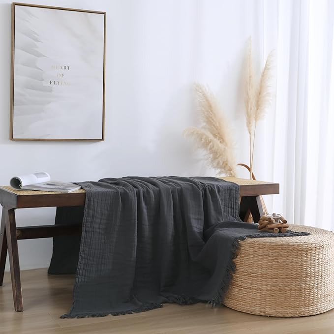 100% Cotton Muslin Throw Blanket for Bed, Couch, Small, Decorative, Soft, Pre-Washed, Breathable and Lightweight Gauze Blanket with Tassels, Suitable for All Seasons, Dark Grey, 50"x60"