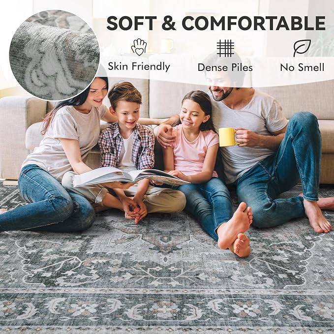 Grey Large 9x12 Area Rugs for Living Room Rug Bedroom Rug-Carpet Washable Neutral Vintage Dining Room Rugs for Under Table Soft Comfortable Non Slip