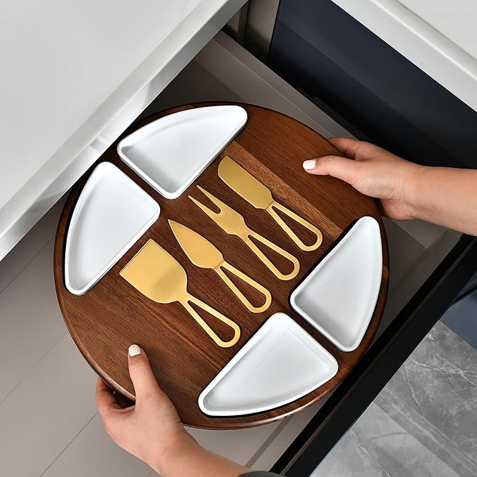 Shanik Upgraded Lazy Susan Cheese Cutting Board Set – Round Acacia Charcuterie Board with 4 Ceramic Bowls, Elegant Appetizer Tray Gift