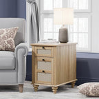 WAMPAT Set of 2 Rattan End Tables with Charging Station, Tall Side Tables Nightstand with Drawer & Storage Cabinet, Light Wood Bedside Table for Bedroom & Living Room, Burlywood