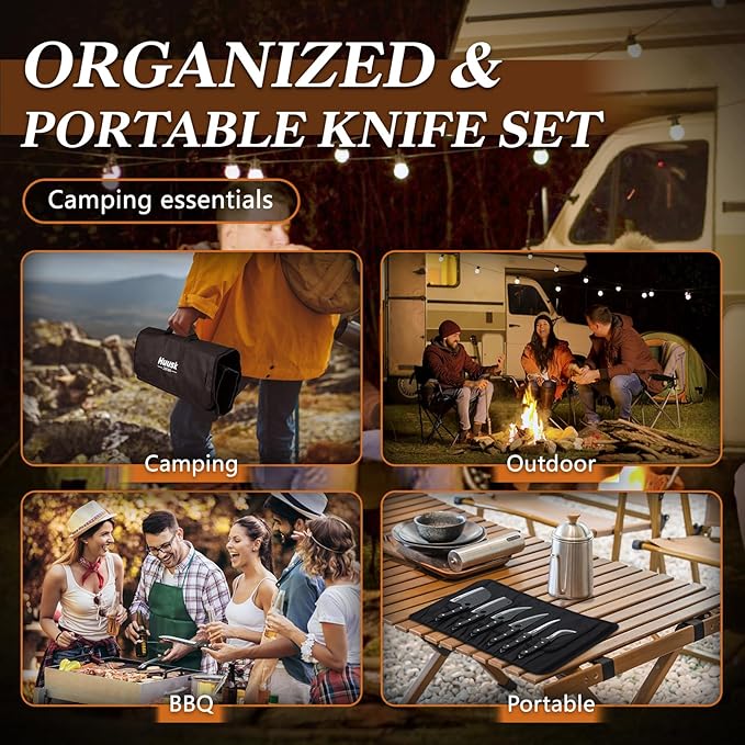 Huusk Serbian Chef Knife Set - 6Pcs Hand Forged Butcher Knife Set for Meat Cutting, Viking Boning Knives with Bag for Kitchen Outdoor BBQ Camping, Birthday Gift Idea Men