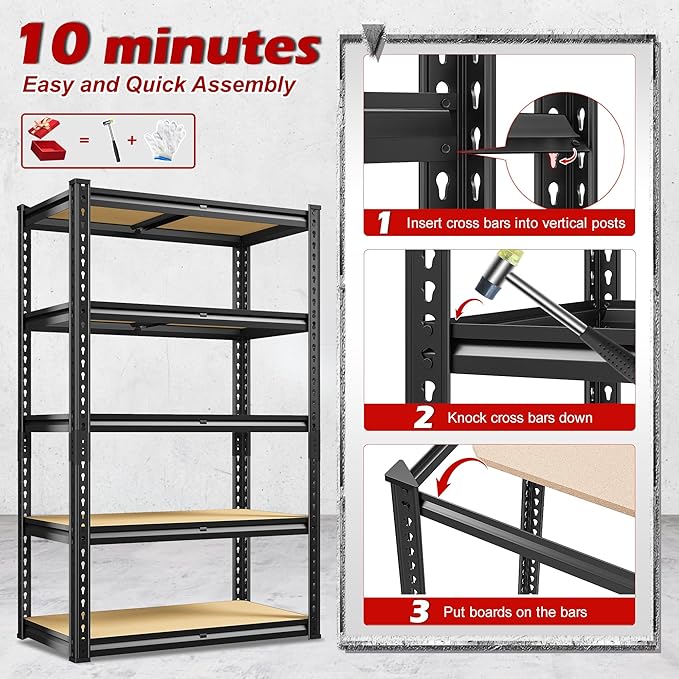 REIBII Storage Shelves 5 Tier Garage Shelving Heavy Duty Metal Shelving 2020LBS Adjustable Metal Shelf 59.8" H Pantry Shelf for Garage Pantry Closet Kitchen Basement 28" W x 12" D x 59.8" H, 2 Pack