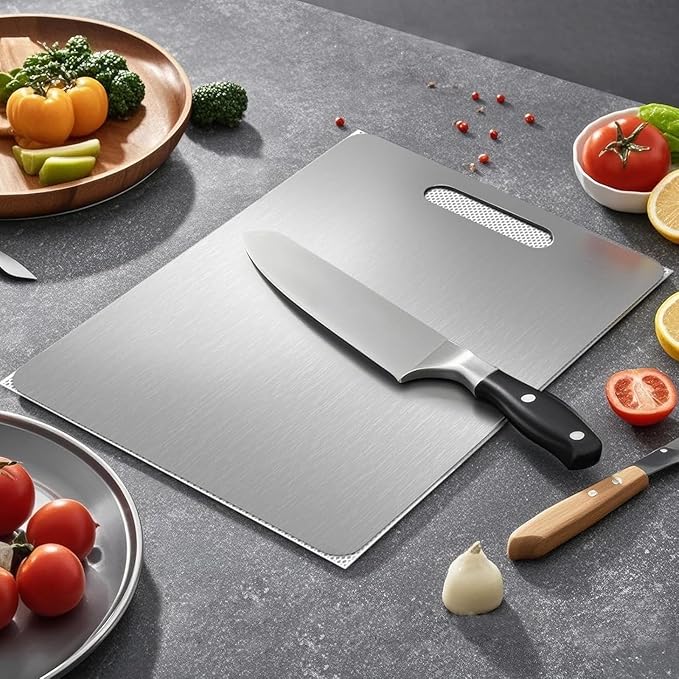 Titanium Cutting Board, Stainless Steel Cutting Board for Kitchen Dishwasher Safe, Double Sided Food-Grade Chopping Board with Peeler and Anti-slip Mat (15"L x 11"W)