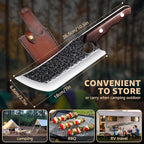 Hand Forged Meat Cleaver Knife Fathers Butcher Knives for Meat Cutting Full Tang Chef Knife with Belt Sheath and Gift Box High Carbon Steel for Kitchen or Camping, Gift for Dad