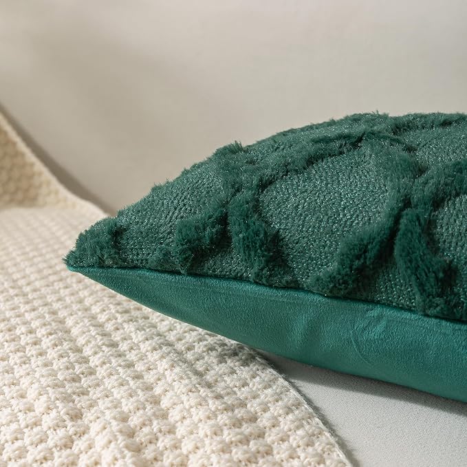 Set of 2 Soft Moroccan Throw Pillow Covers 18x18 Inch Plush Boho Decorative Pillow Cover Accent Cushion Case for Couch Sofa Bed, Dark Green