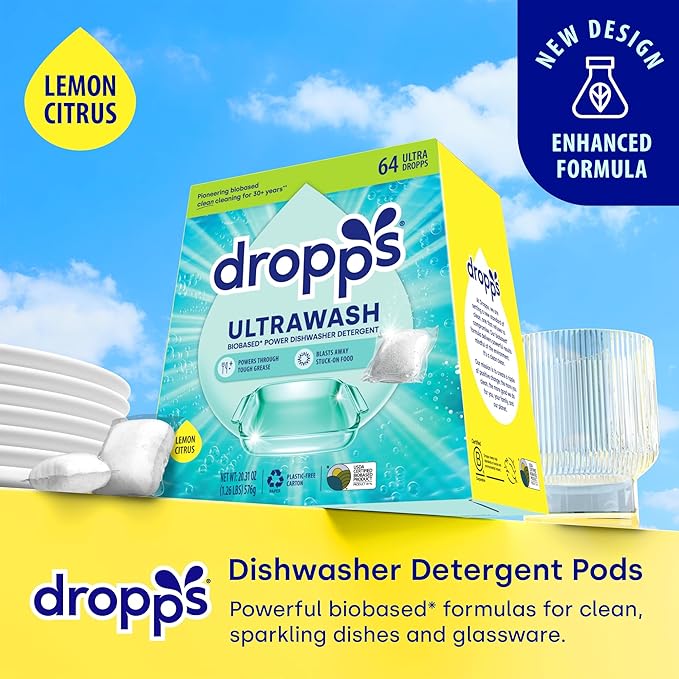 Dropps UltraWash Dishwasher Pods, Lemon Citrus (64 Count) - Biobased Power Deep Clean Dishwasher Detergent Tablets for Sparkling Shiny Dishes - No Rinse Aid or Pre-Wash Needed -Dishwashing Pods