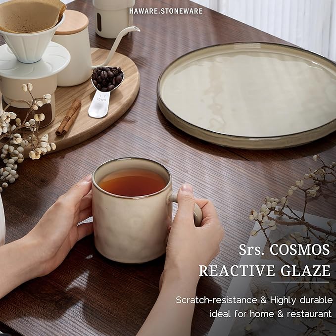 HaWare 14OZ Coffee Mugs Set of 6, Stoneware Coffee Cups with Handle, Latte Mug for Man, Woman, Dad, Mom, Modern Tea Mugs for Latte/Cappuccino/Cocoa/Milk, Dishwasher& Microwave Safe, Saturn Khaki